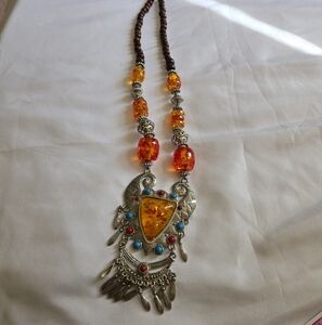 VINTAGE NECKLACE TRIBAL MOROCCAN TUNISIAN DESIGN WITH AMBER,  SILVER & WOOD BEAD